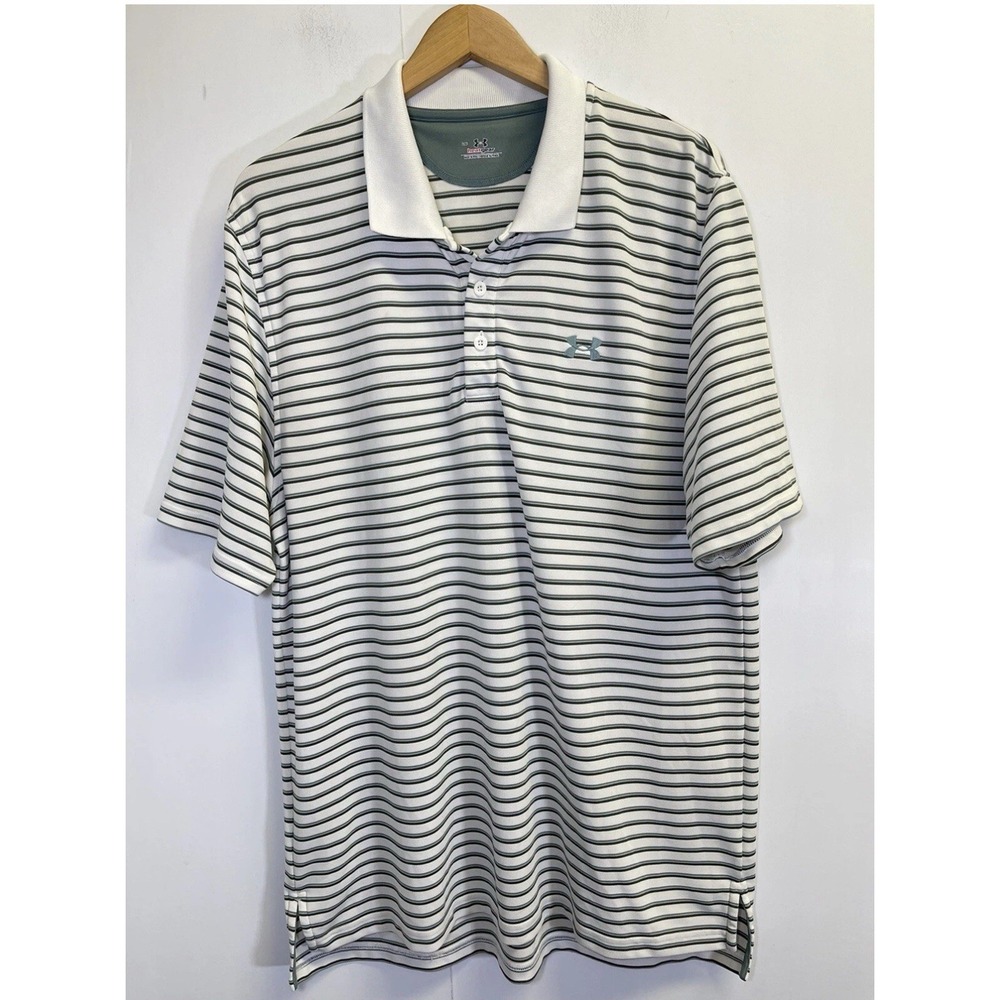 Under Armour White Gray Striped Golf Polo Shirt Mens Large HeatGear UA Logo